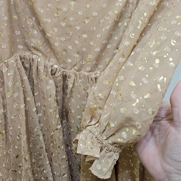 Storia Women Gold Flake Embroidered Dots Babydoll Puff Sleeve Mini Dress Small - Picture 4 of 10